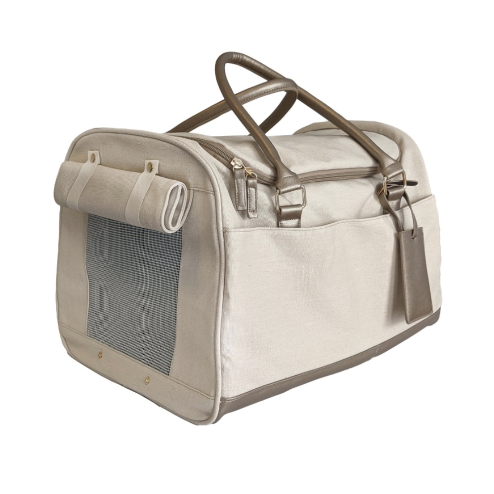 Canvas pet carrier, cream with gold handles, NWT